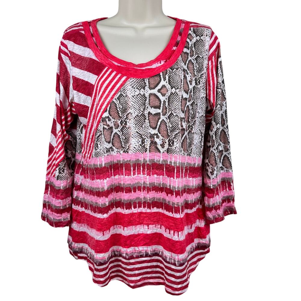 David Cline Knit Blouse Top 3/4 Sleeve Snake Abstract Red Brown L Art to Wear
